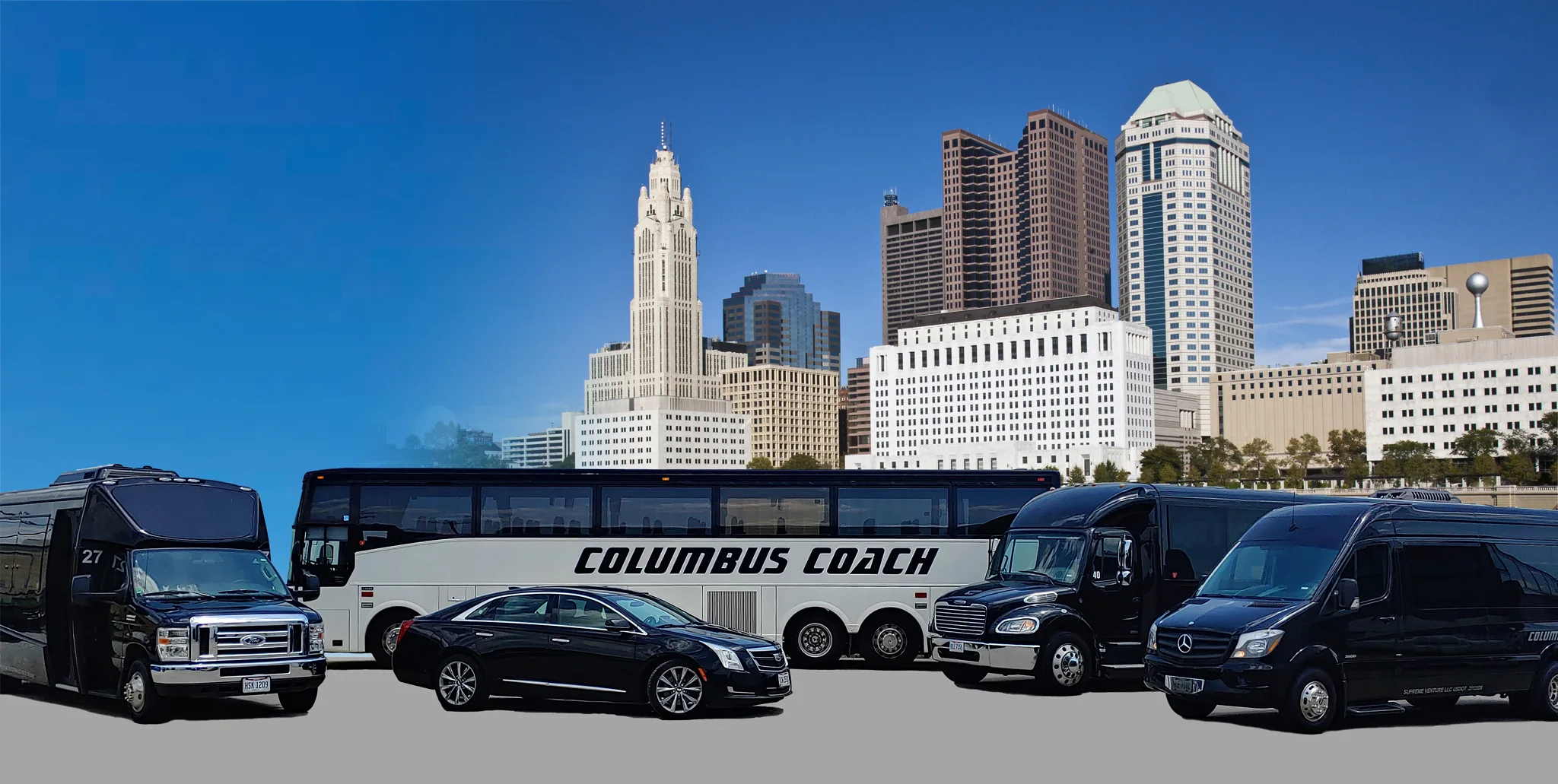 The Columbus Coach fleet — limo bus, motor coach, sedan, executive shuttle and Sprinter van — in front of the downtown Columbus skyline